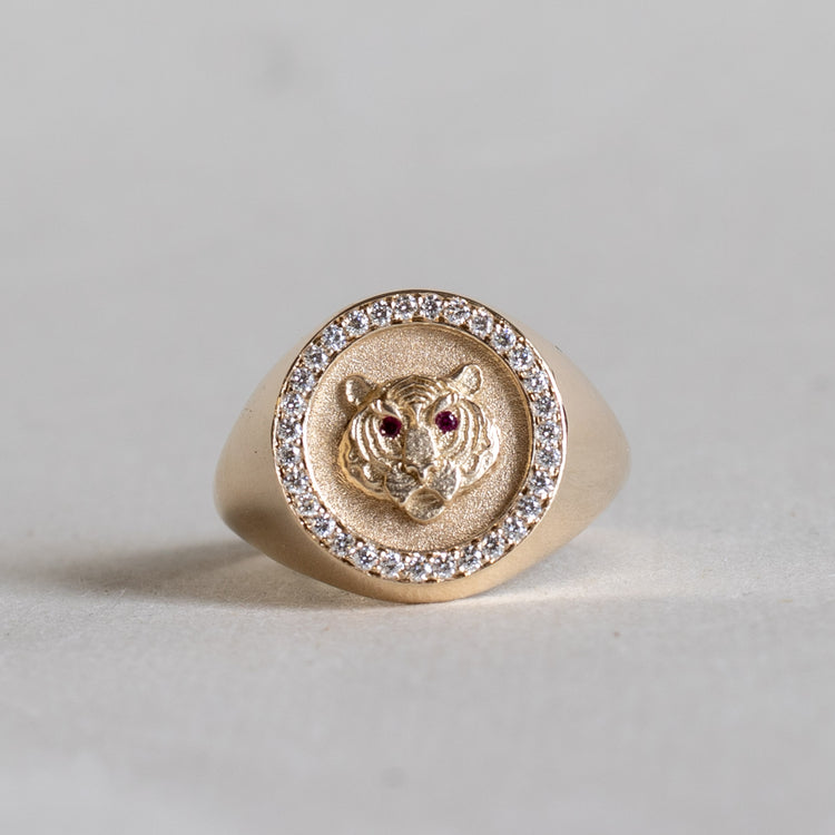 14K Tiger Diamond Signet Ring With Ruby Eyes