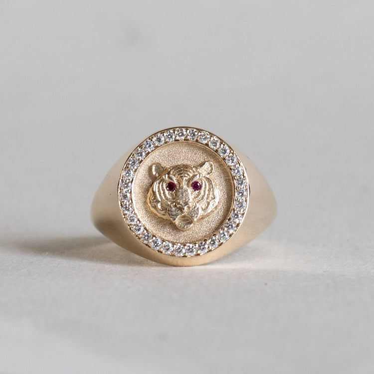 14K Tiger Diamond Signet Ring With Ruby Eyes