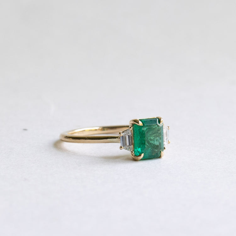14K 1.17 CT Emerald Diamond Three Stone Ring