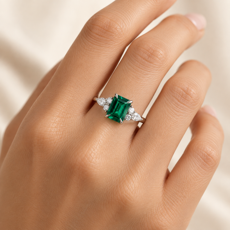 14K White Gold Lab Emerald & Diamond Engagement Ring