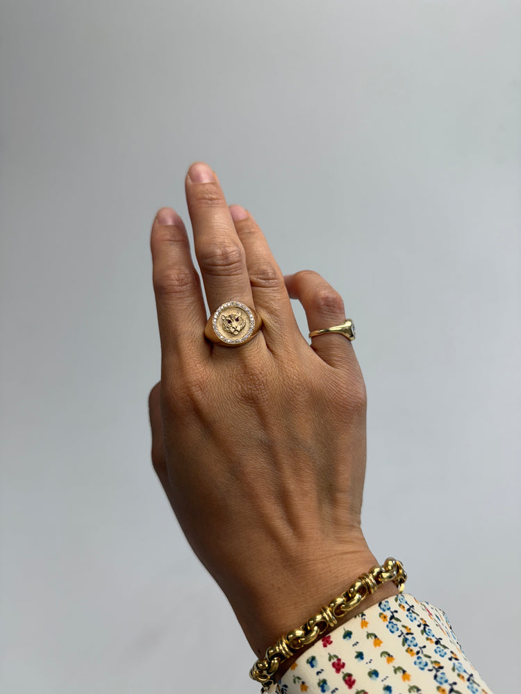 14K Tiger Diamond Signet Ring With Ruby Eyes