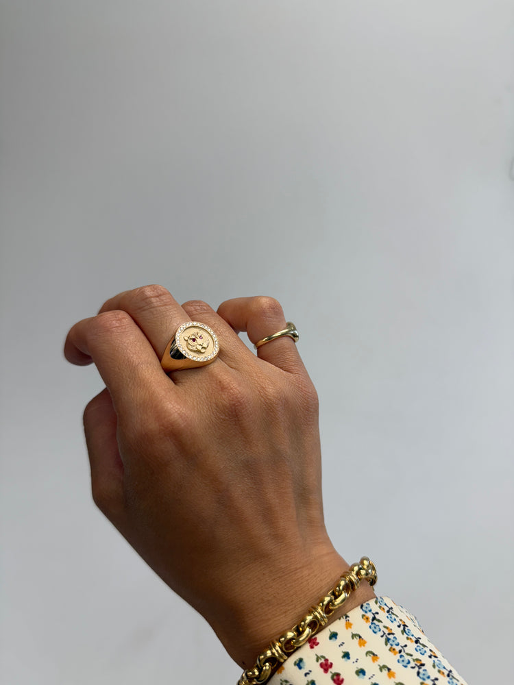 14K Tiger Diamond Signet Ring With Ruby Eyes