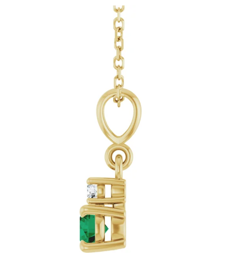14K Yellow Gold Lab-Grown Emerald .07 CT Natural Diamond 16-18" Necklace