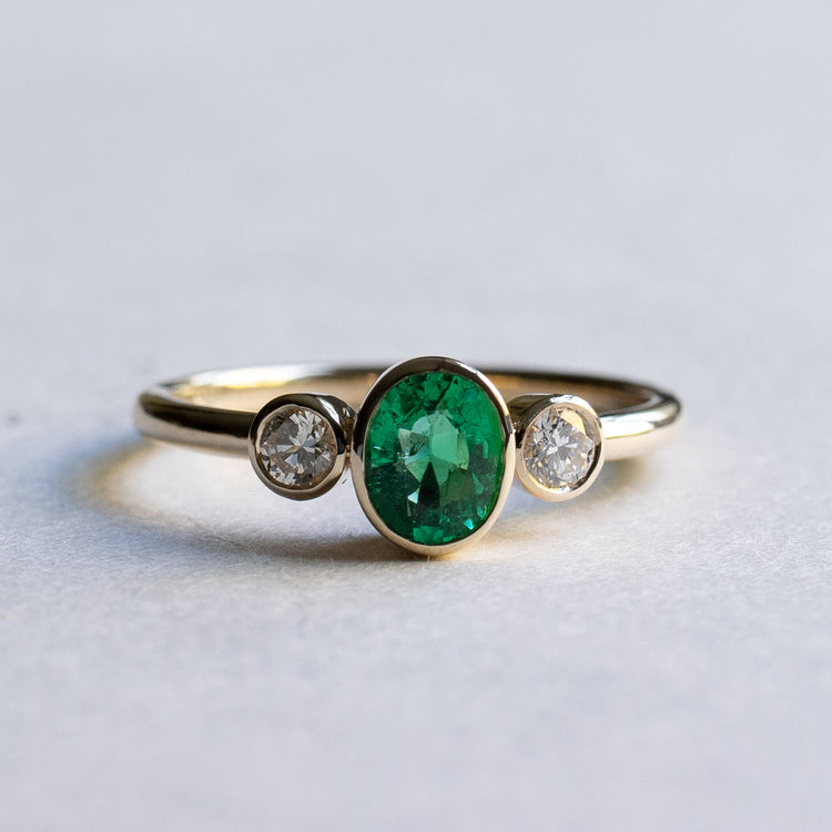 14K Emerald Diamond Three Stone Ring