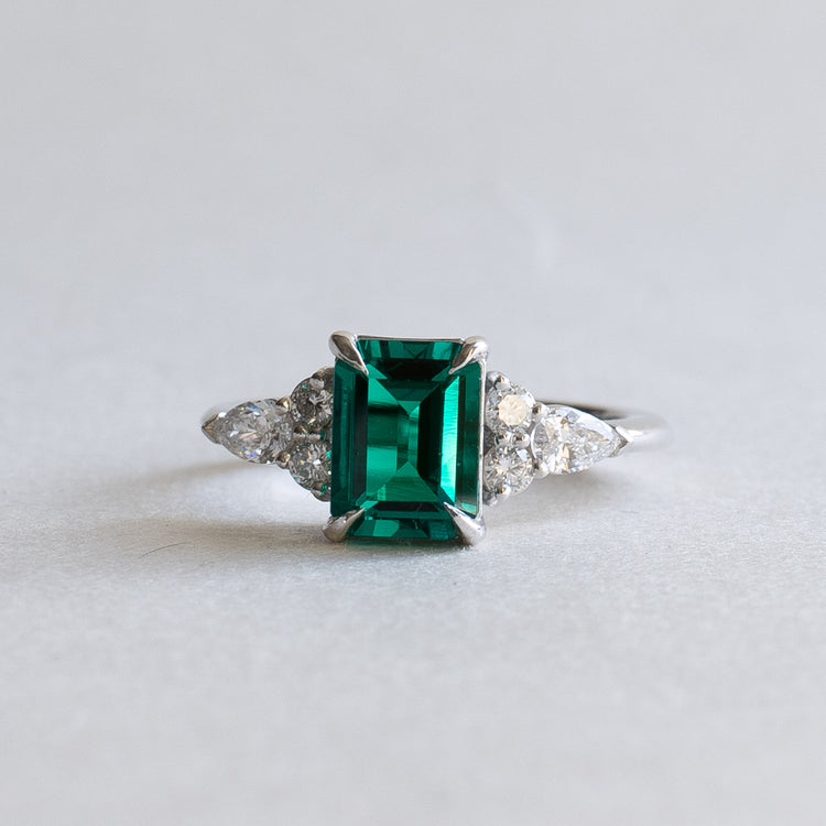 14K White Gold Lab Emerald & Diamond Engagement Ring