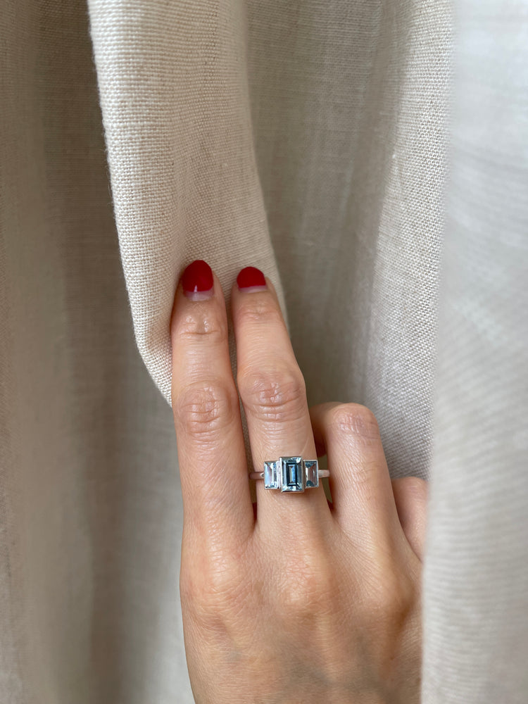 14K White Gold Aquamarine Three Stone Ring