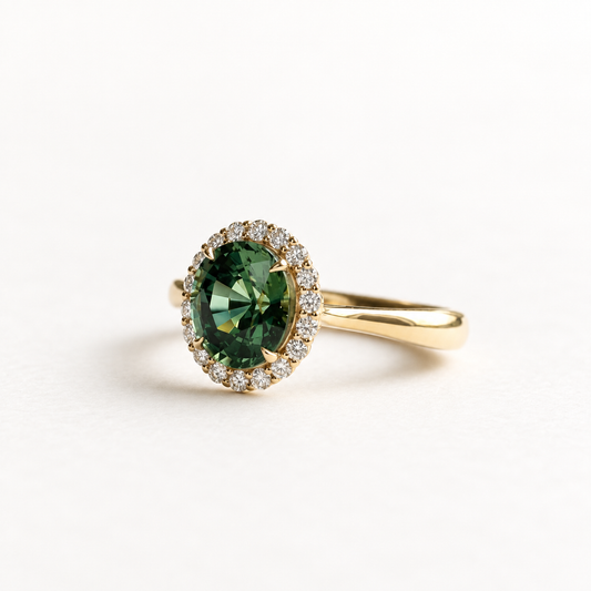 14K 2 CT Green Sapphire Halo Ring