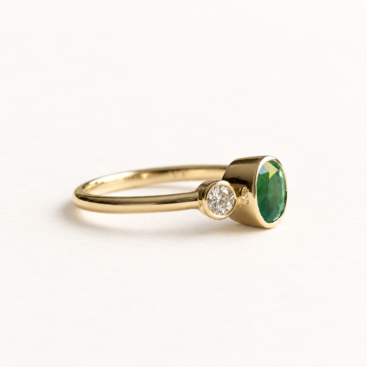 14K Emerald Diamond Three Stone Ring