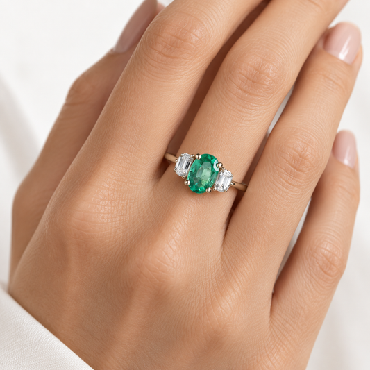 18K 1 CT Emerald Half Moon Diamond Trio Ring