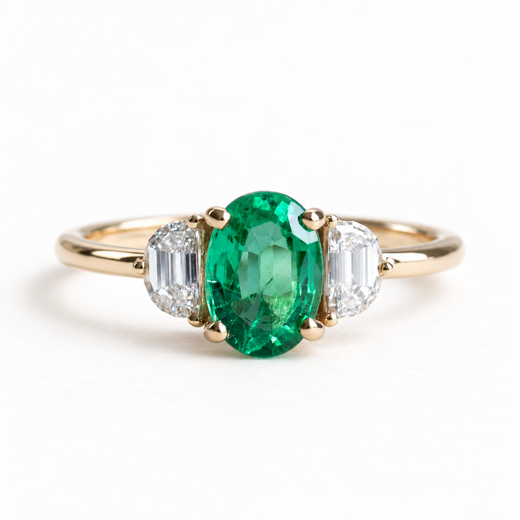 18K 1 CT Emerald Half Moon Diamond Trio Ring