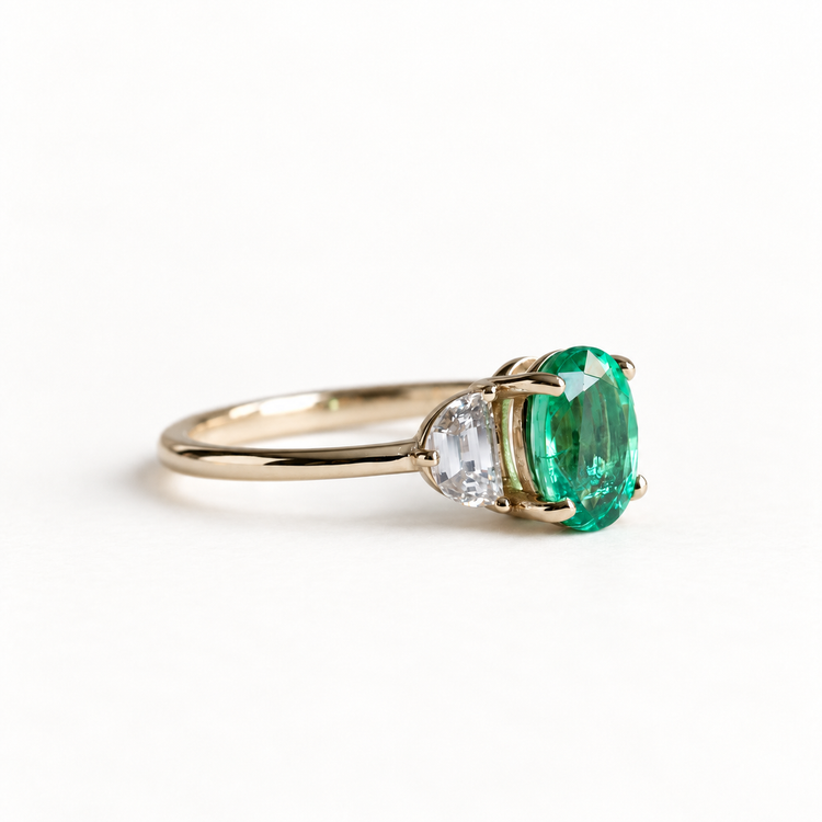 18K 1 CT Emerald Half Moon Diamond Trio Ring