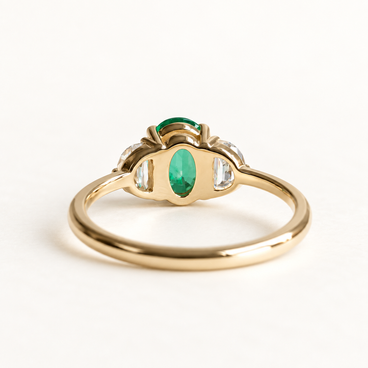 18K 1 CT Emerald Half Moon Diamond Trio Ring