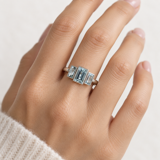 14K White Gold Aquamarine Three Stone Ring