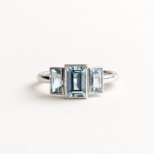 14K White Gold Aquamarine Three Stone Ring