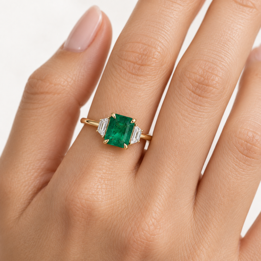 14K 1.17 CT Emerald Diamond Three Stone Ring