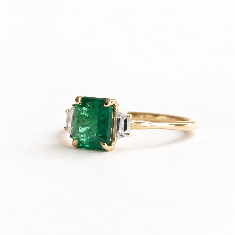 14K 1.17 CT Emerald Diamond Three Stone Ring