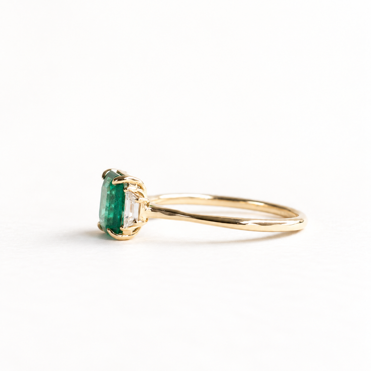 14K 1.17 CT Emerald Diamond Three Stone Ring