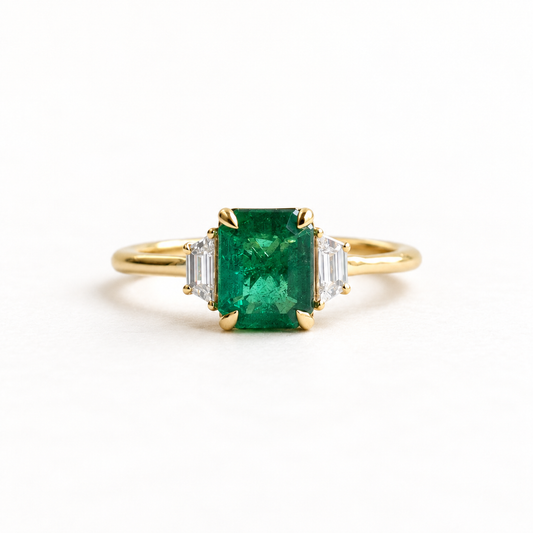 14K 1.17 CT Emerald Diamond Three Stone Ring