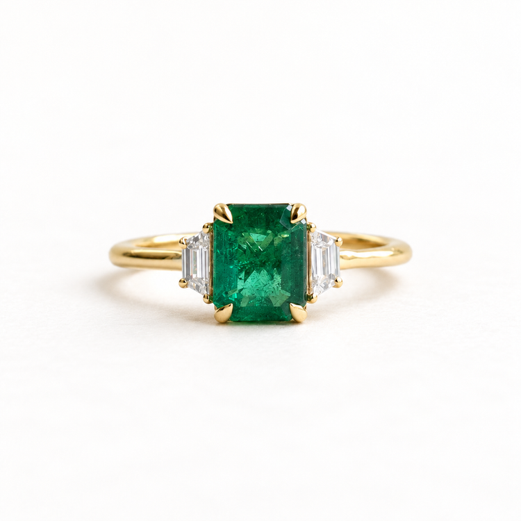 14K 1.17 CT Emerald Diamond Three Stone Ring