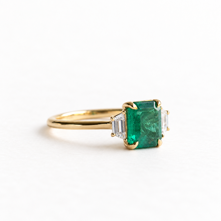 14K 1.17 CT Emerald Diamond Three Stone Ring