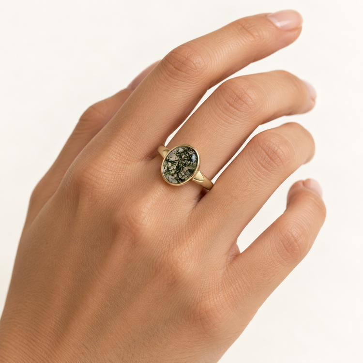 14K Moss Agate Oval Ring