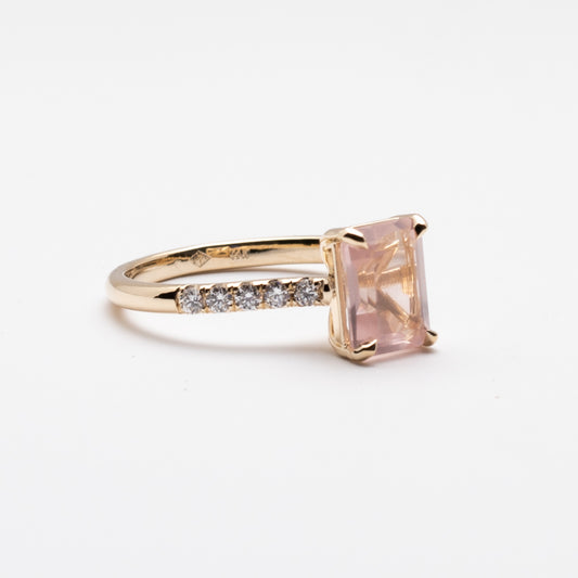14K Gold Rose Quartz Ring with Diamond