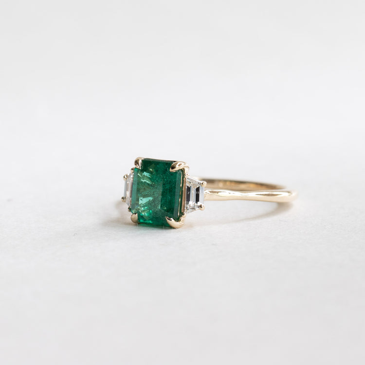 14K 1.17 CT Emerald Diamond Three Stone Ring