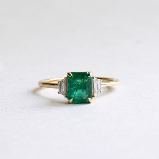 14K 1.17 CT Emerald Diamond Three Stone Ring