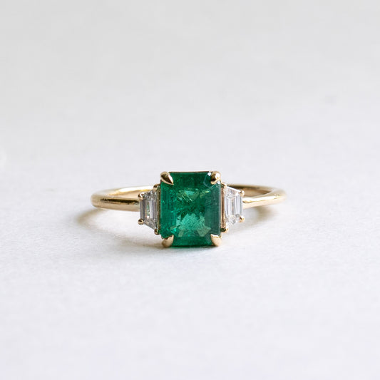 18K 1.17 CT Emerald Diamond Three Stone Ring