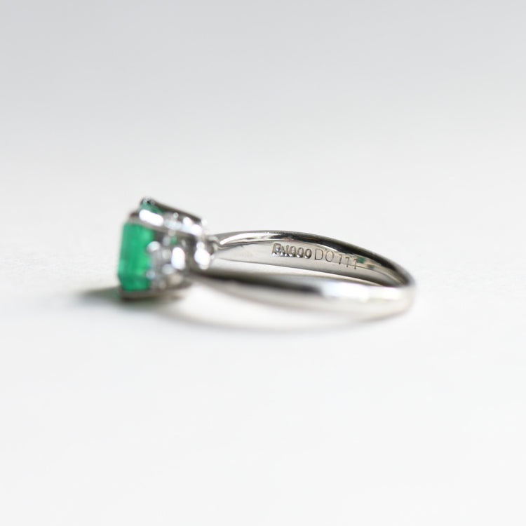 Platinum Emerald Diamond Ring: 1.23 Carat Three Stone Estate Ring