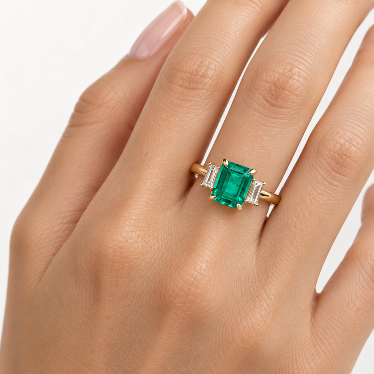 18K 1.4 CT Lab Emerald Three Stone Ring