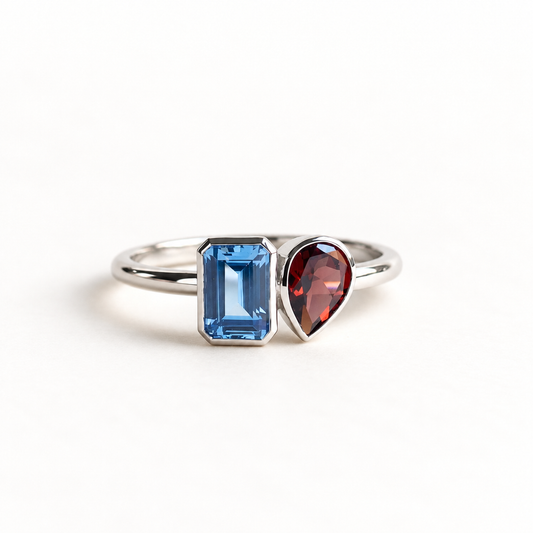 14K Aquamarine and Garnet Moi Et Toi Ring