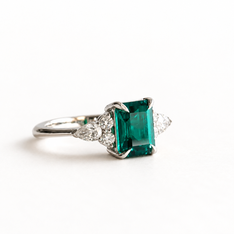 14K White Gold Lab Emerald & Diamond Engagement Ring