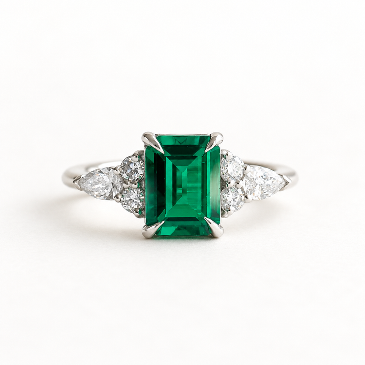 14K White Gold Lab Emerald & Diamond Engagement Ring