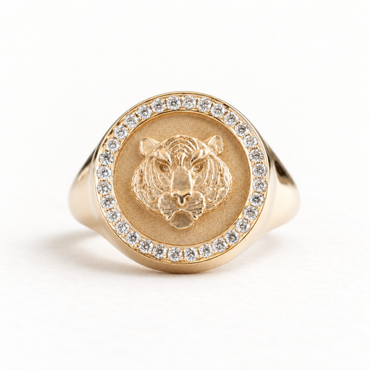 14K Tiger Diamond Signet Ring