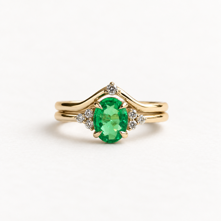 18K Yellow Gold 1.18 Carat Emerald & Diamond Ring Set