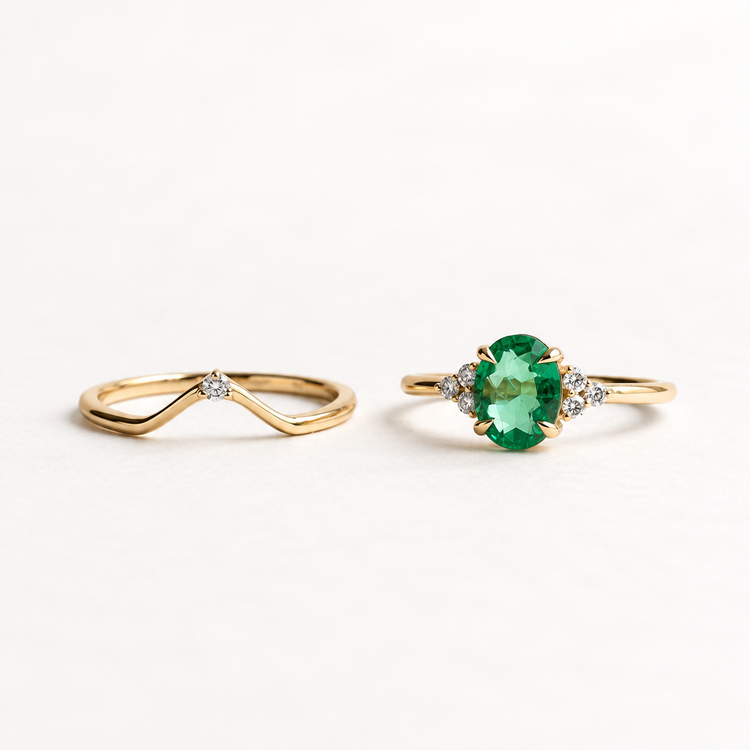 18K Yellow Gold 1.18 Carat Emerald & Diamond Ring Set