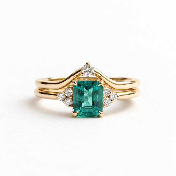 18k Yellow Gold Emerald & Diamond Ring Set