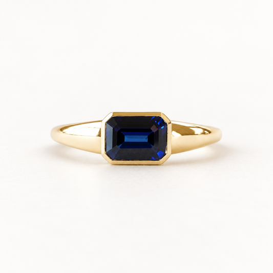 14K Lab Blue Sapphire Ring, East to West Bezel ring