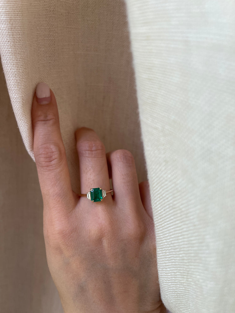14K 1.17 CT Emerald Diamond Three Stone Ring