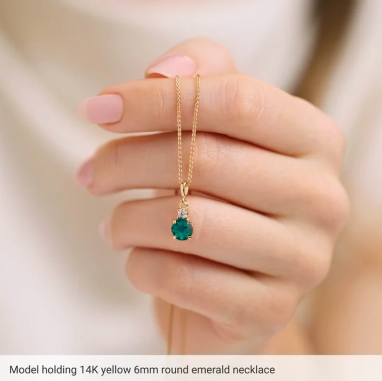 14K Yellow Gold Lab-Grown Emerald .07 CT Natural Diamond 16-18" Necklace