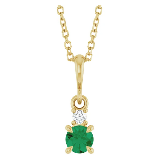 14K Yellow Gold Lab-Grown Emerald .07 CT Natural Diamond 16-18" Necklace