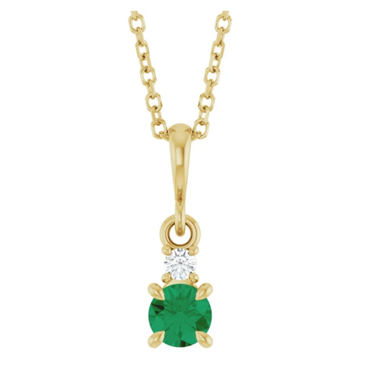 14K Yellow Gold Lab-Grown Emerald .07 CT Natural Diamond 16-18" Necklace