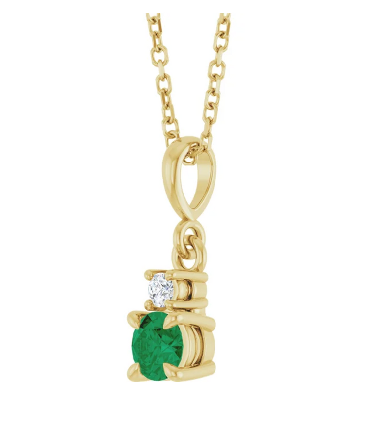14K Yellow Gold Lab-Grown Emerald .07 CT Natural Diamond 16-18" Necklace
