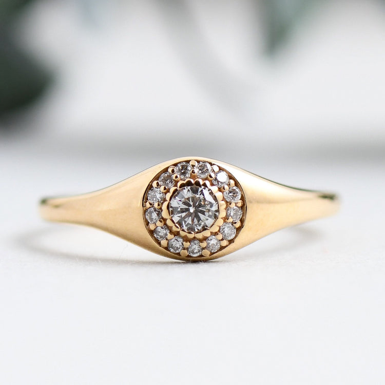 18k Solid Rose Gold With Diamond Signet Ring