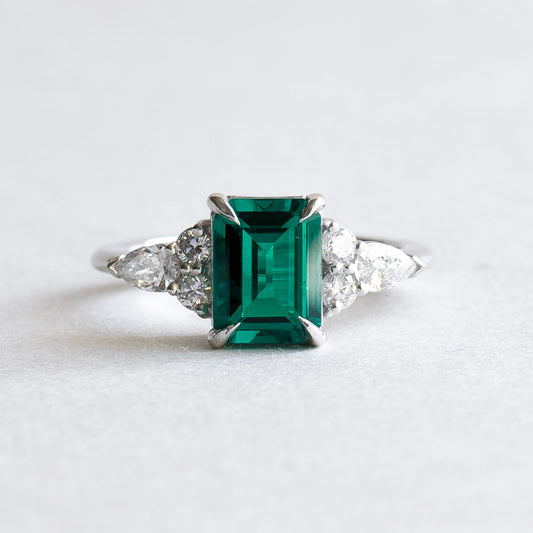 14K White Gold Lab Emerald & Diamond Engagement Ring