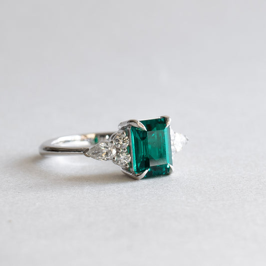 14K White Gold Lab Emerald & Diamond Engagement Ring