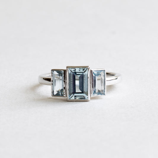 14K White Gold Aquamarine Three Stone Ring
