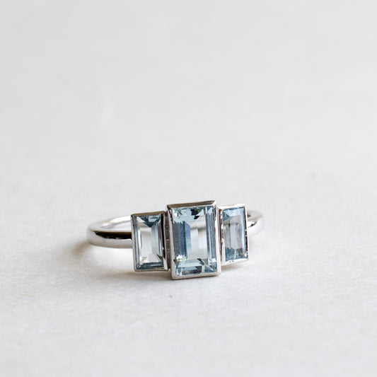14K White Gold Aquamarine Three Stone Ring