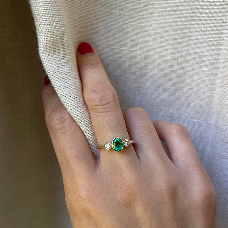 14K Emerald Diamond Three Stone Ring